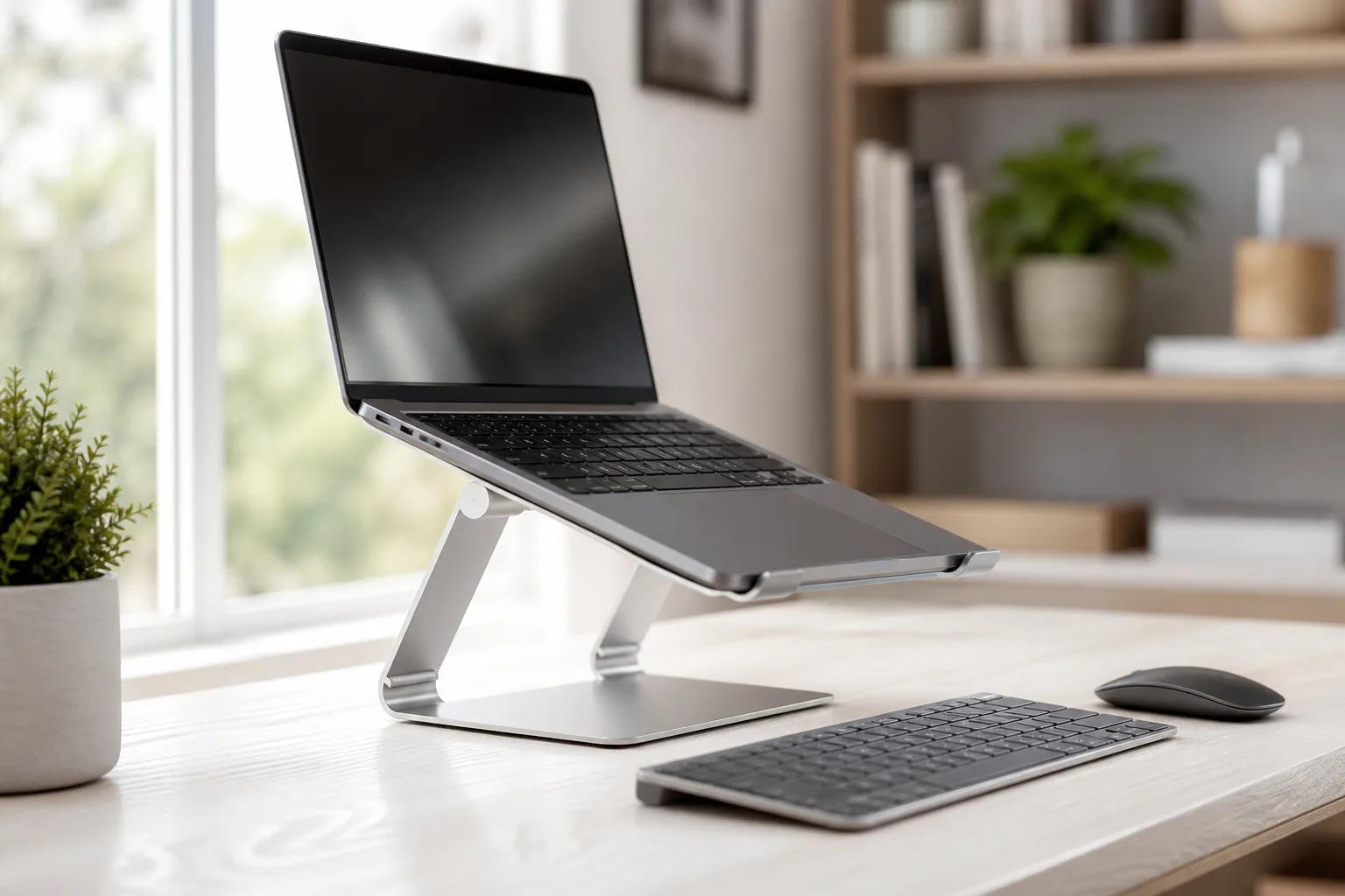 自宅で据え置き型ノートPCスタンドを使う作業イメージ