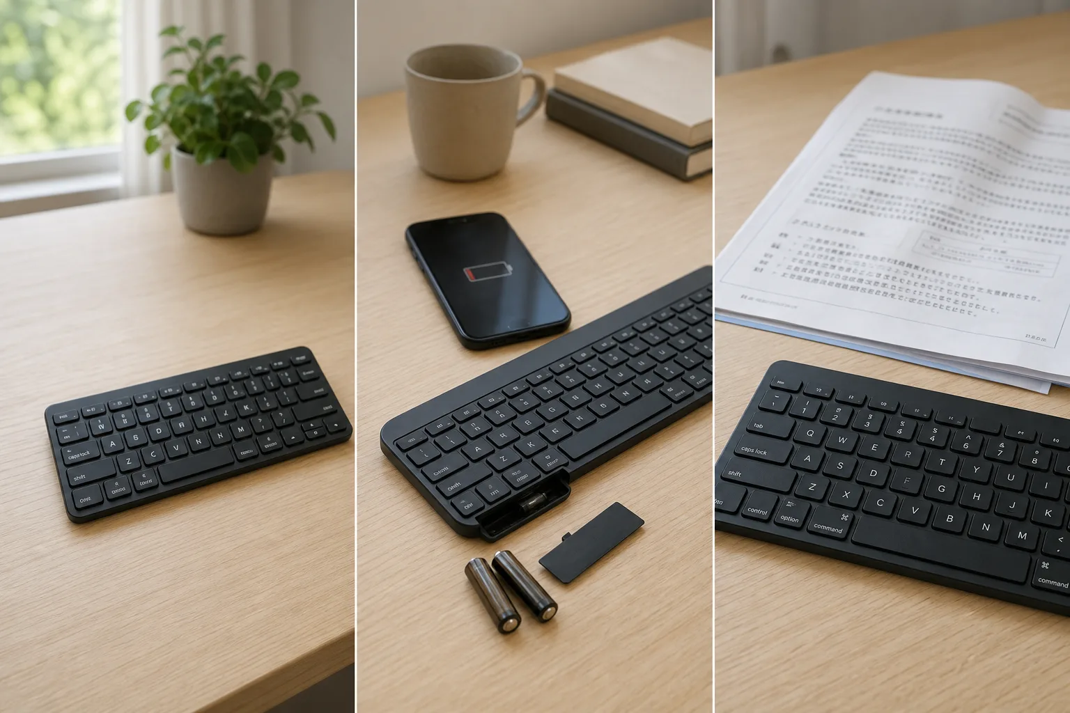 キーボード選びで失敗しやすい3つのポイント(キーピッチ・電池管理・配列)を表したイメージ