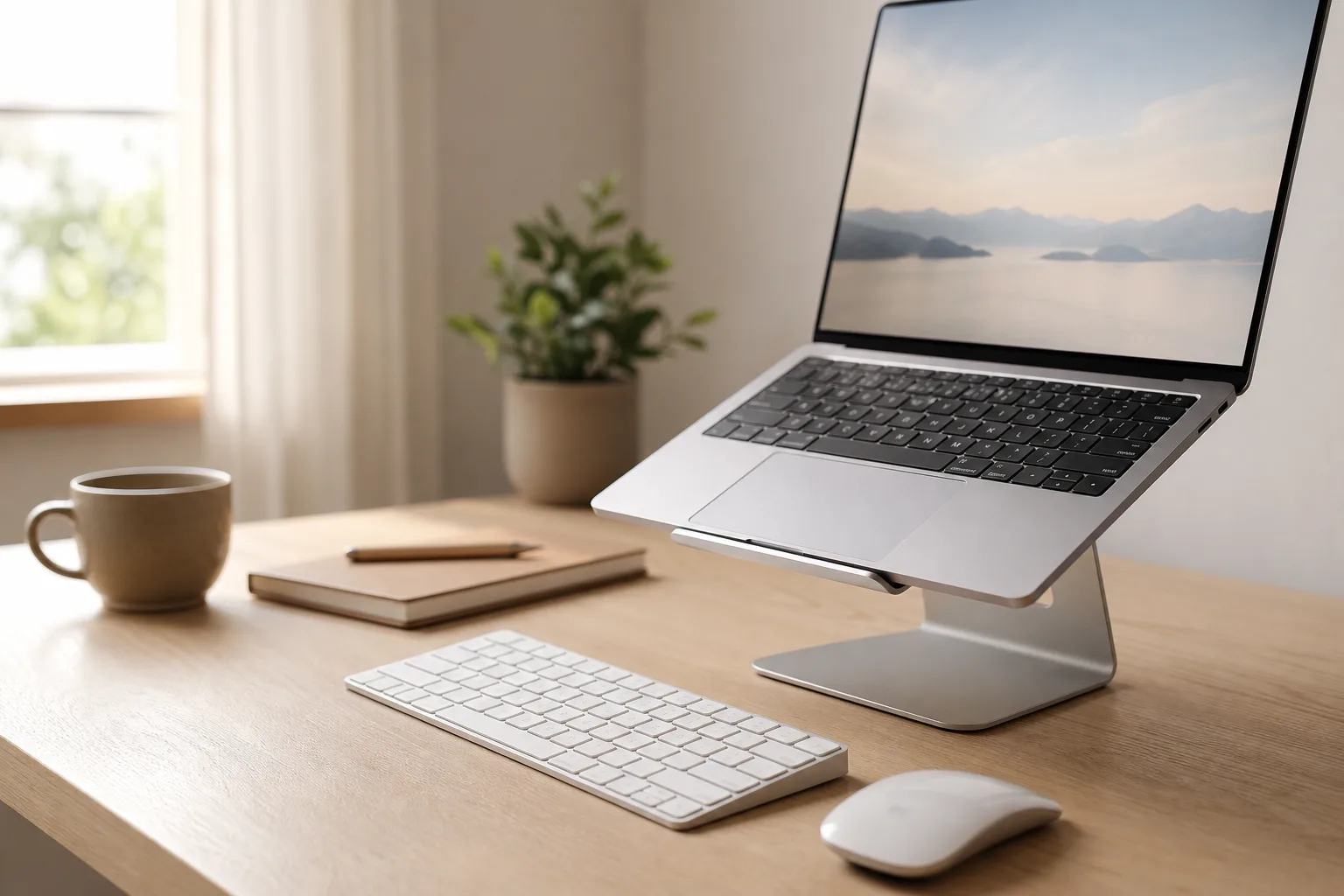 PCスタンドと外付けキーボードを組み合わせた作業イメージ