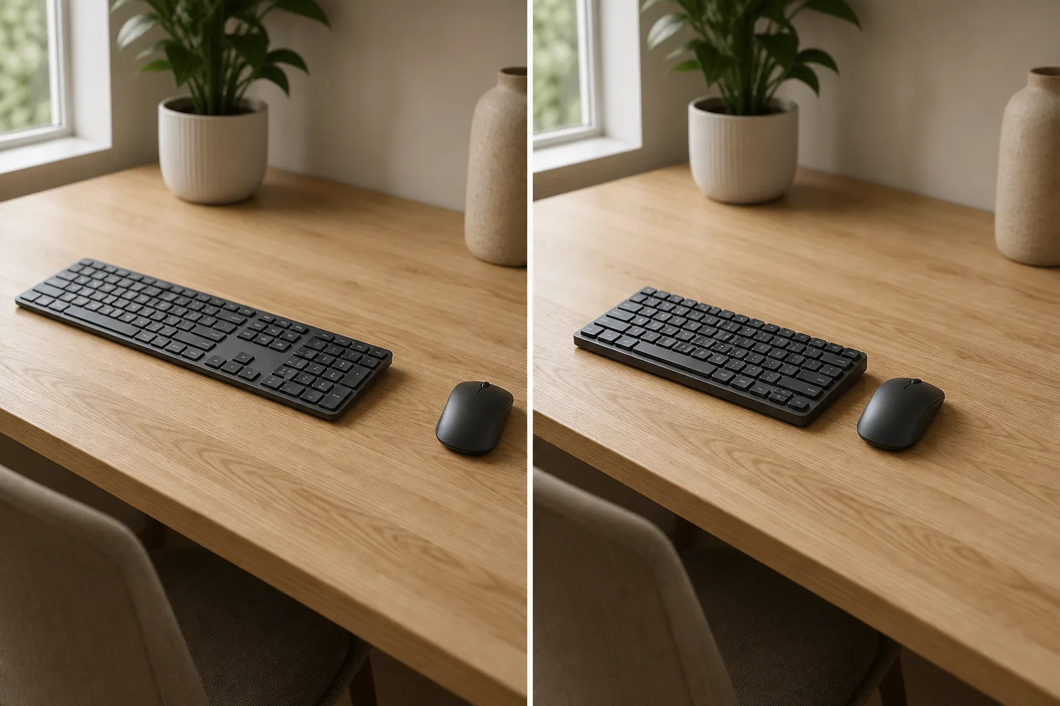 フルサイズキーボードとテンキーレスキーボードでマウス位置がどう変わるかを比較したイメージ