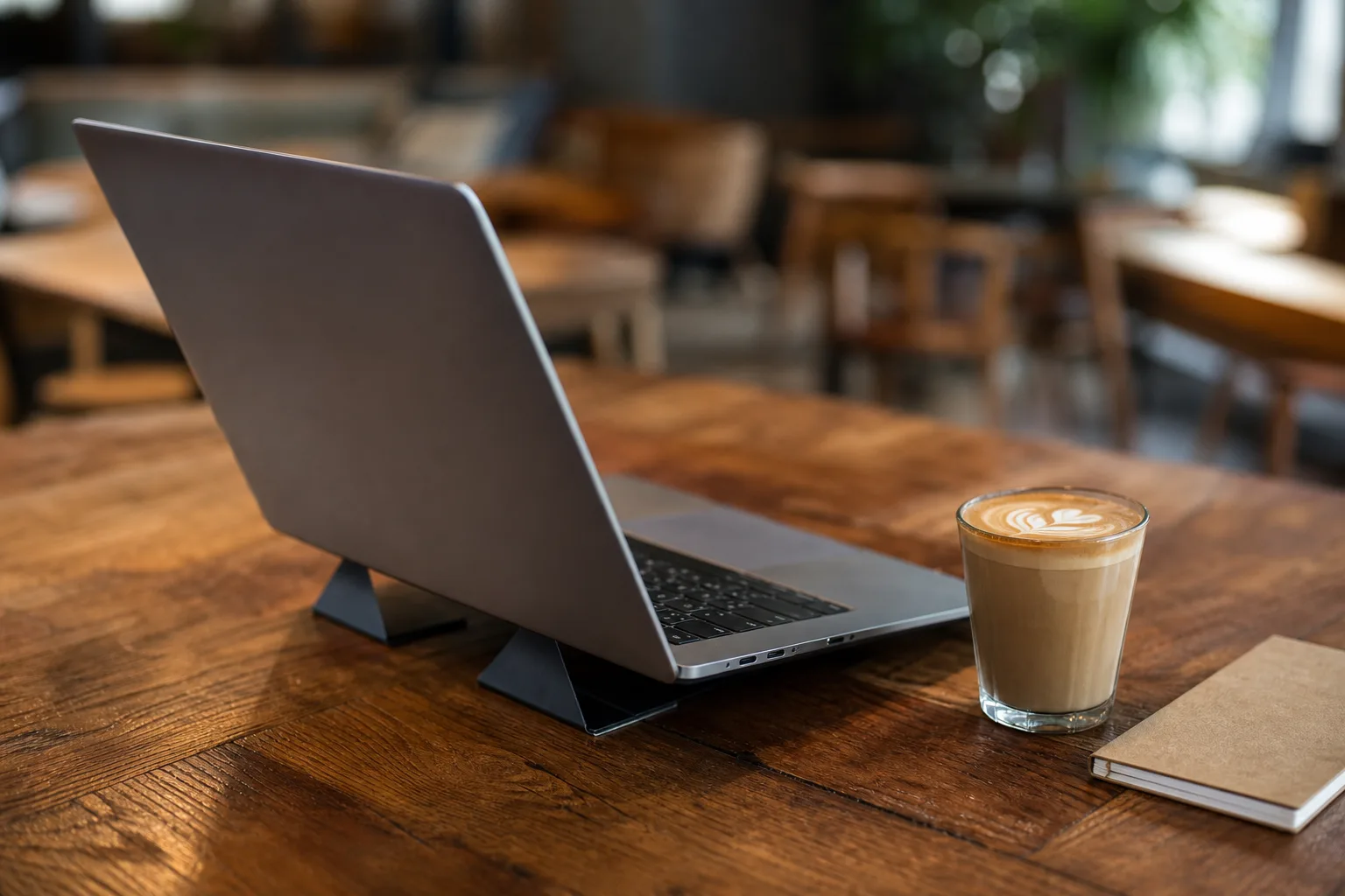 カフェで薄型ノートPCスタンドを使う作業イメージ