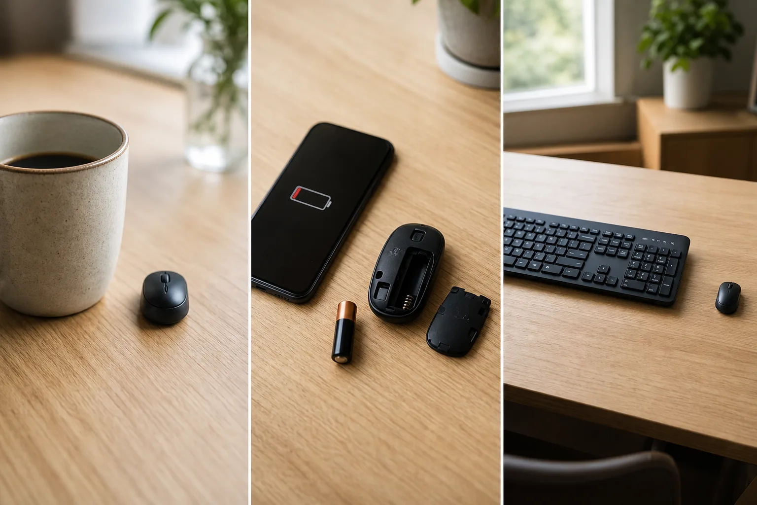 ワイヤレスマウス選びで失敗しやすい3つのポイント(サイズ・電池管理・キーボードとの距離)を表したイメージ