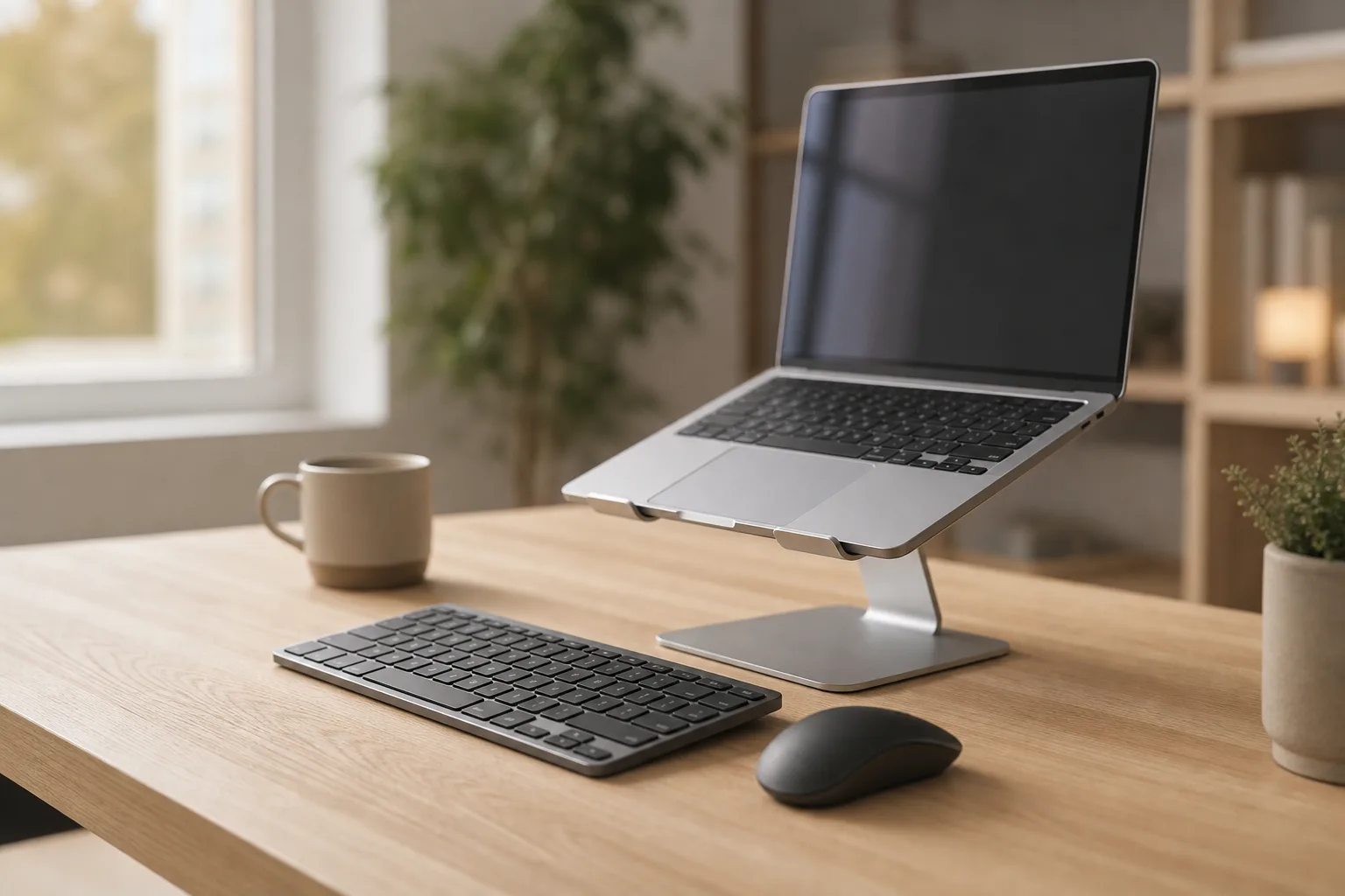 PCスタンドとキーボードとワイヤレスマウスを組み合わせた作業イメージ