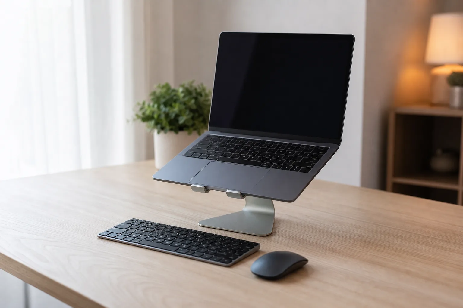 ノートPCスタンドと外付けキーボード・マウスを組み合わせた理想的なデスク配置イメージ