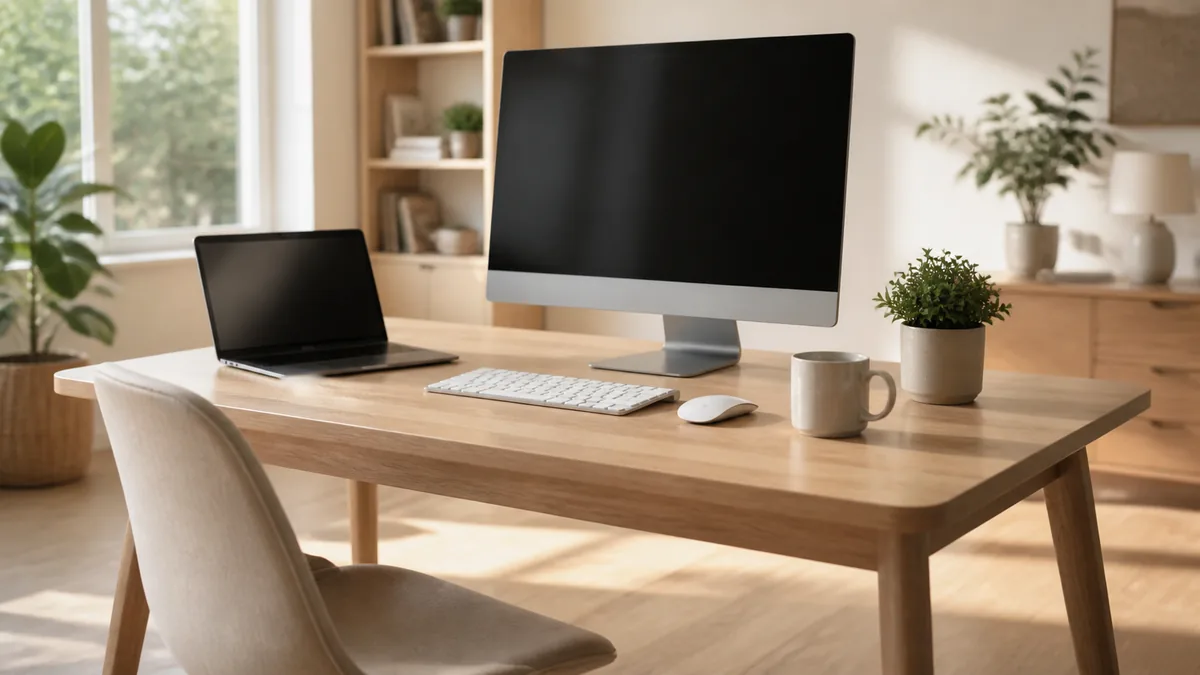 在宅ワーク用デスクにモニターとノートPCを置いたレイアウト例