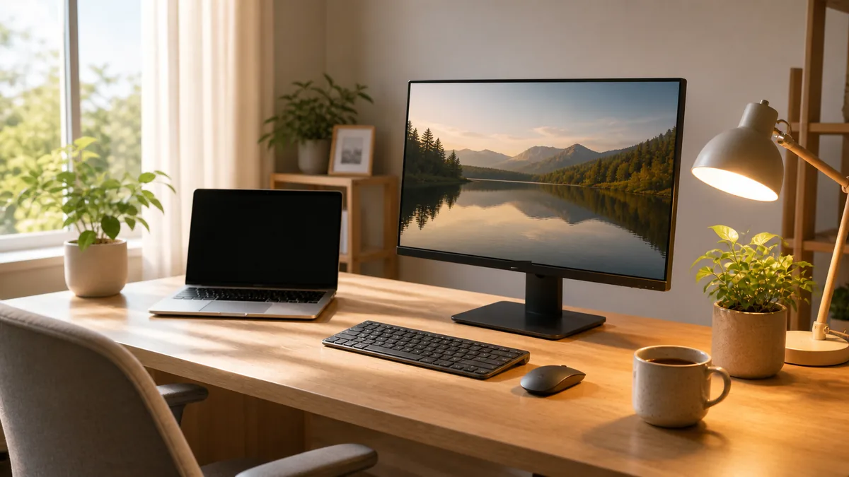 モニター・ノートPC・デスクライトを置いた在宅ワークデスクの完成例