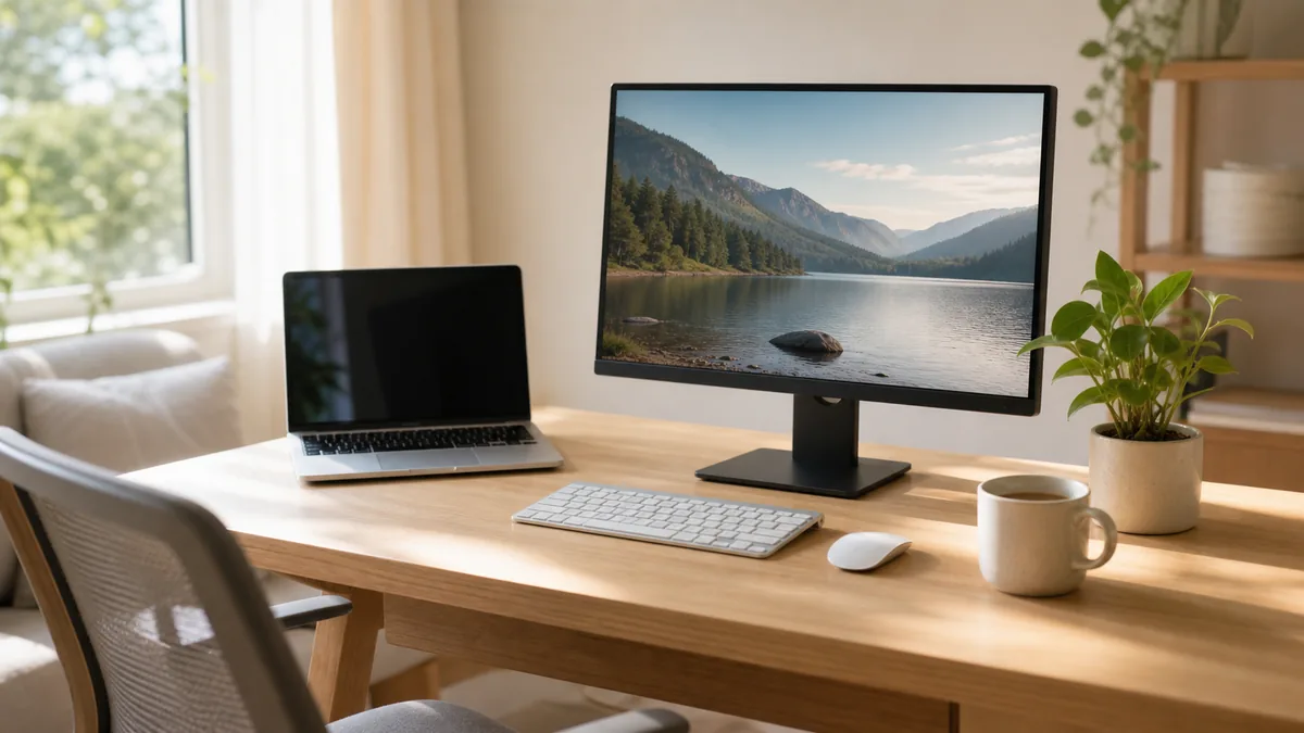 在宅ワーク用デスクにモニターとノートPCを並べたレイアウト例