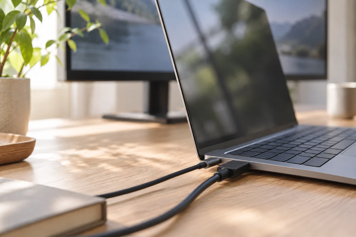 ノートパソコンの横の差し込み口に USB-C と HDMI のケーブルをつないだイメージ