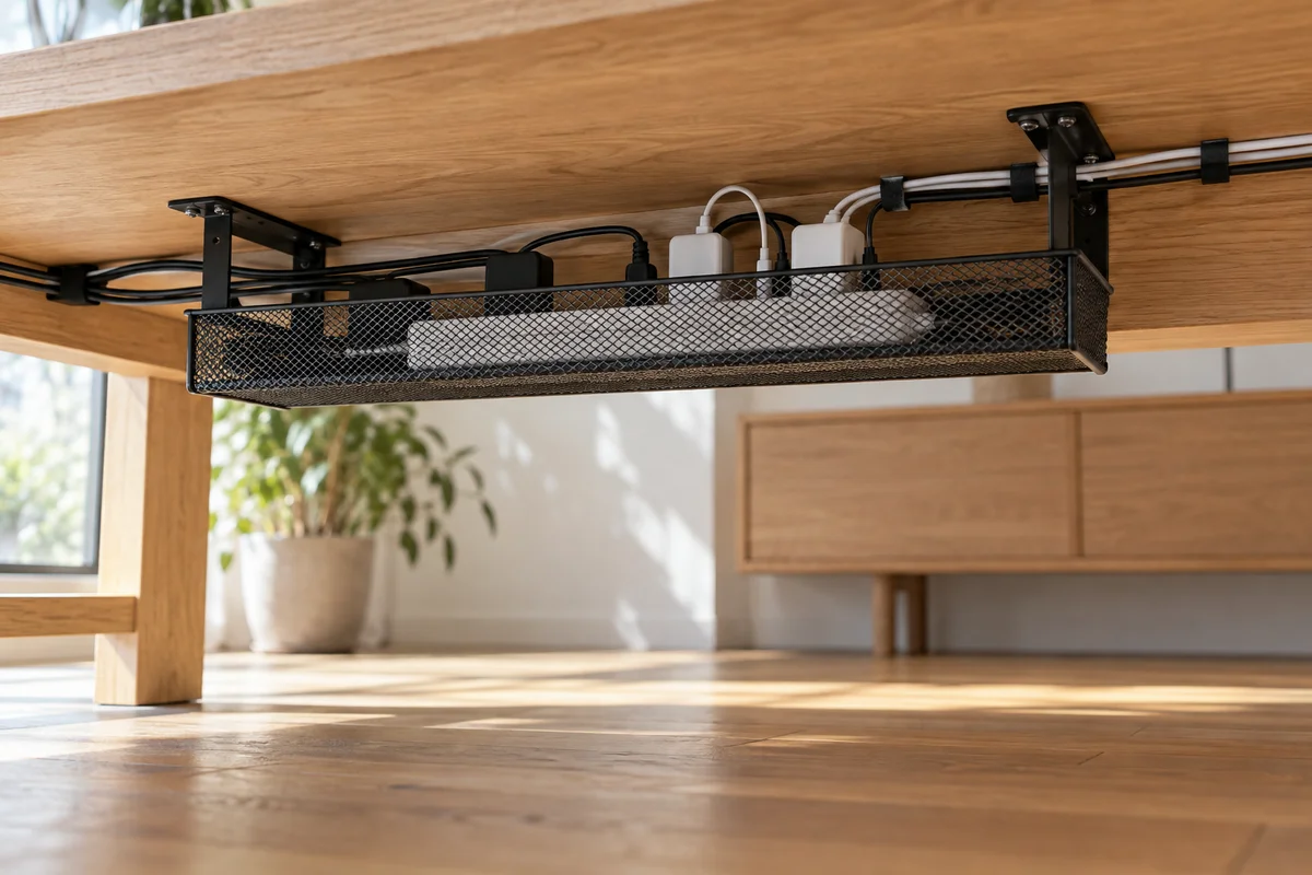 机の裏に付けたケーブルトレーに電源タップと充電器をまとめたイメージ