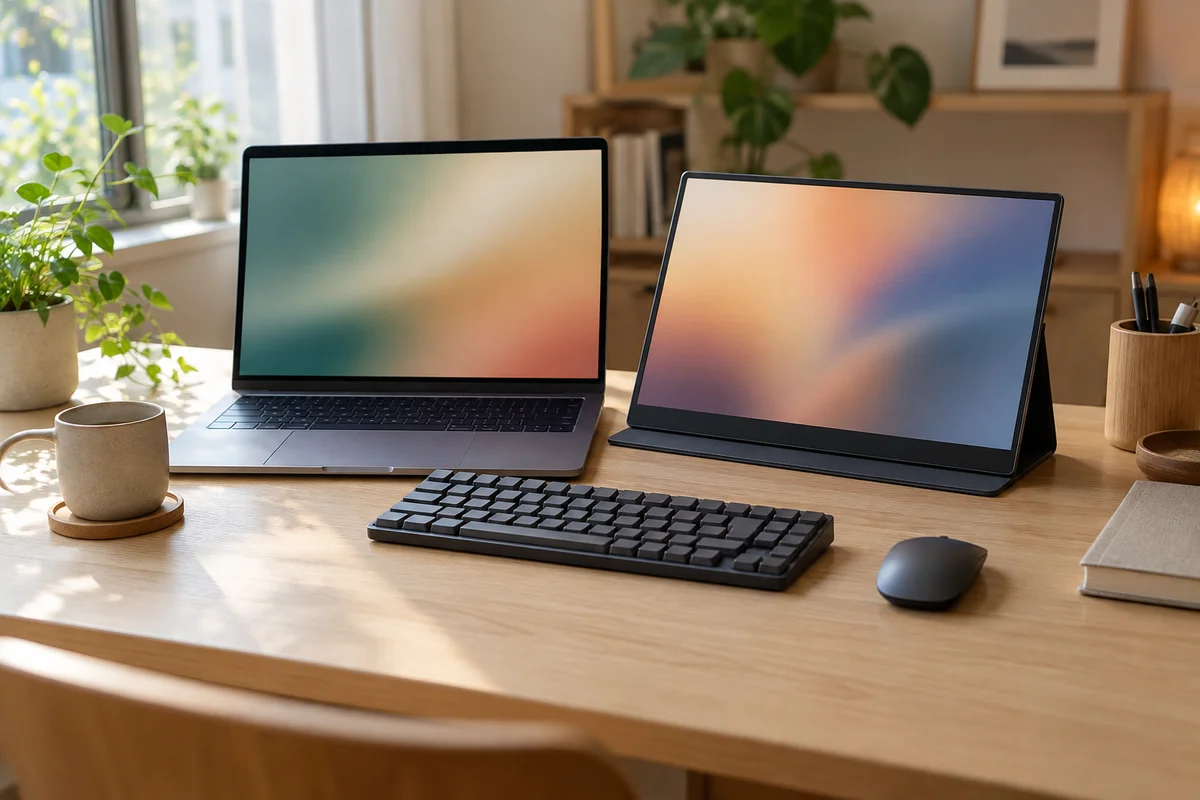 ノートパソコンの横にモバイルモニターを立て、キーボードとマウスを置いたデスクのイメージ