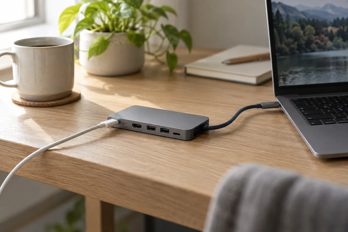 USB-Cハブに充電器のケーブルを挿して、ノートパソコンを充電しているイメージ