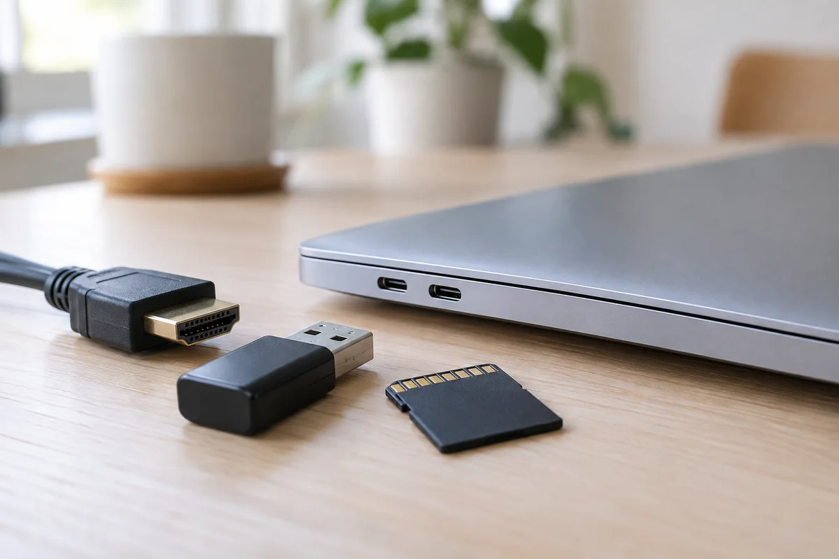 差し込み口がUSB-Cだけのノートパソコンの横に、USBメモリやSDカード、HDMIケーブルが並んでいるイメージ