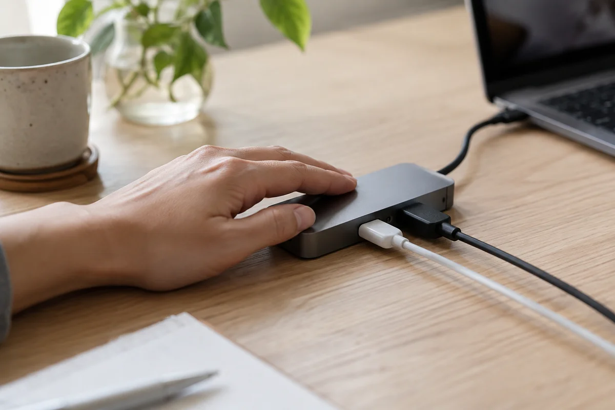 使用中のUSB-Cハブに手を触れて温かさを確かめているイメージ