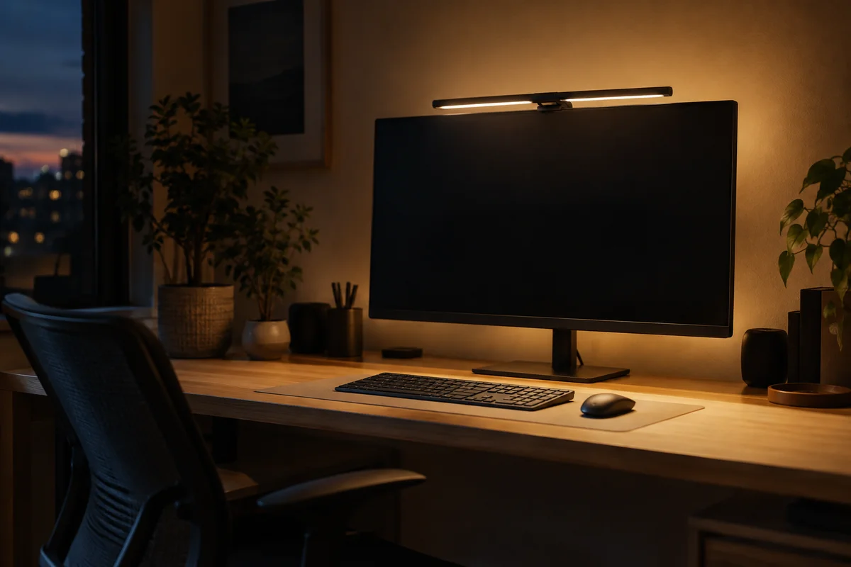 夜の作業部屋で、モニターライトが机と後ろの壁をやわらかく照らしているイメージ