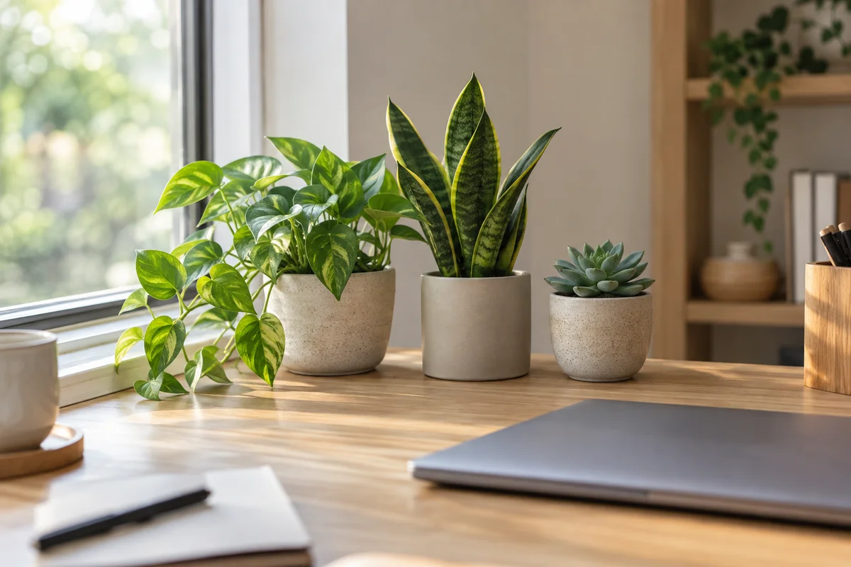 窓ぎわのデスクの奥に、小さな観葉植物を3つ並べたイメージ