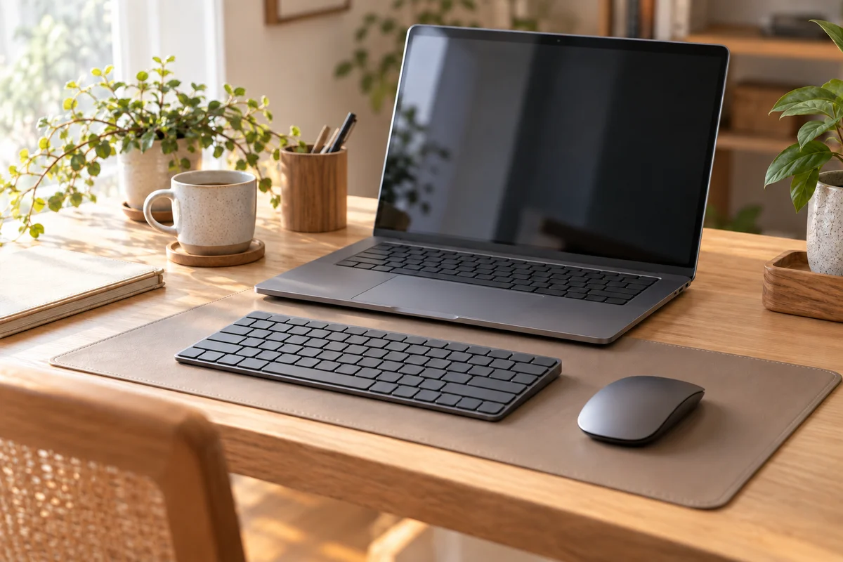 ノートパソコンの横に外付けのキーボードとマウスを置いた手元のイメージ